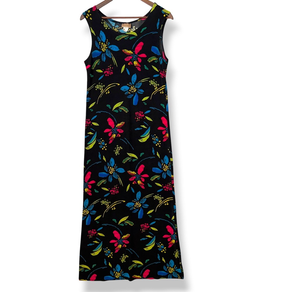 Vintage 90s Y2K Choices Floral Maxi Dress S Black Stretch Column Dress Retro